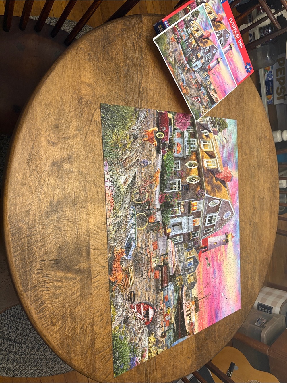 White Mountain Harbor Inn Puzzle Print - Pink, Blue, Orange, Green